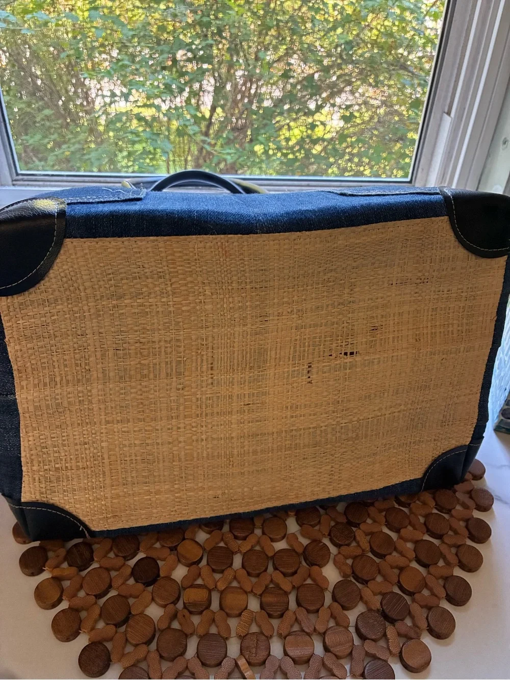 Dark Blue Denim Tote with Black Handles